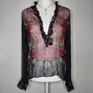 ICE Silk Sheer Ruffle V-Neck Blouse Baroque Print